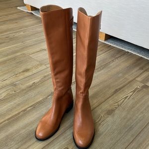 Francosarto women’s, tan leather, back zip, low heeled, knee high boots. NWOT.